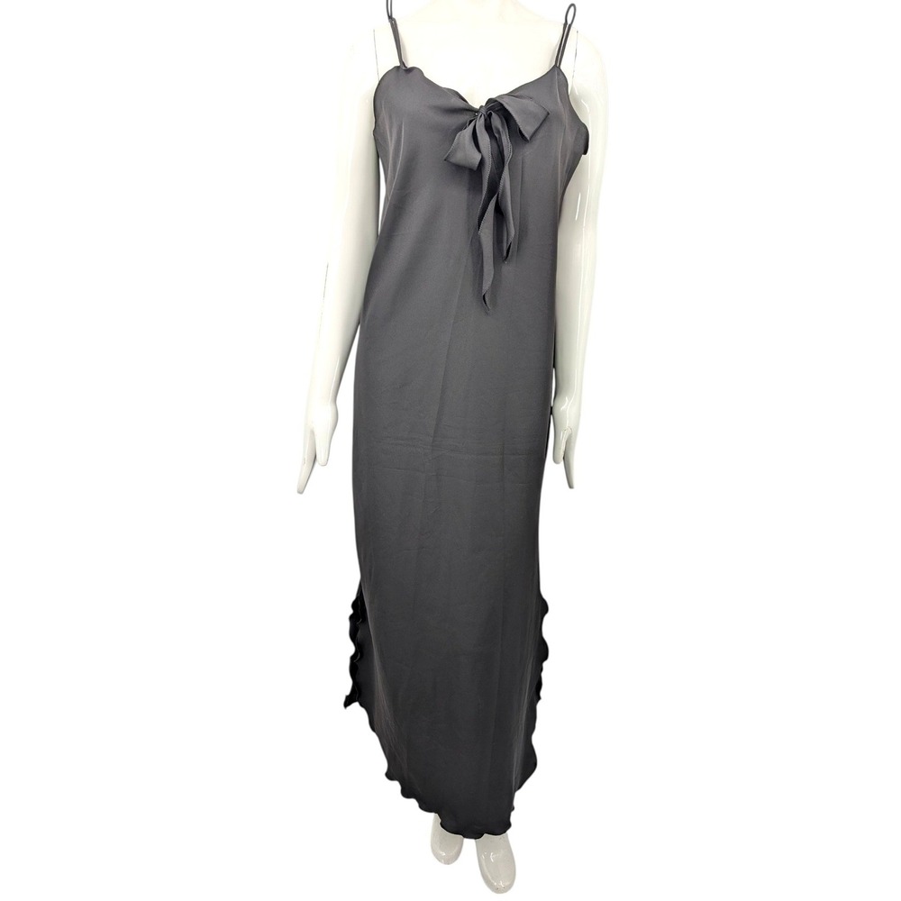 Vintage Erica Loren Black Maxi Slip Dress Bow Front Scalloped Hem Loungewear L